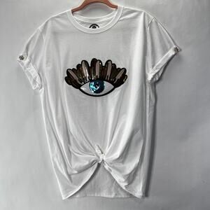 Evil Eye Rhinestone Sequins Lux  Women's Shirt with sleeve stone detail L
